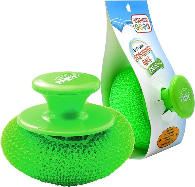 Parve Green Scouring Pad with Comfortable Handle – Ergonomic Easy Grip Dishwashing Cleaning Sponge Brush – Color Coded Home and Kitchen Accessories by The Kosher Cook