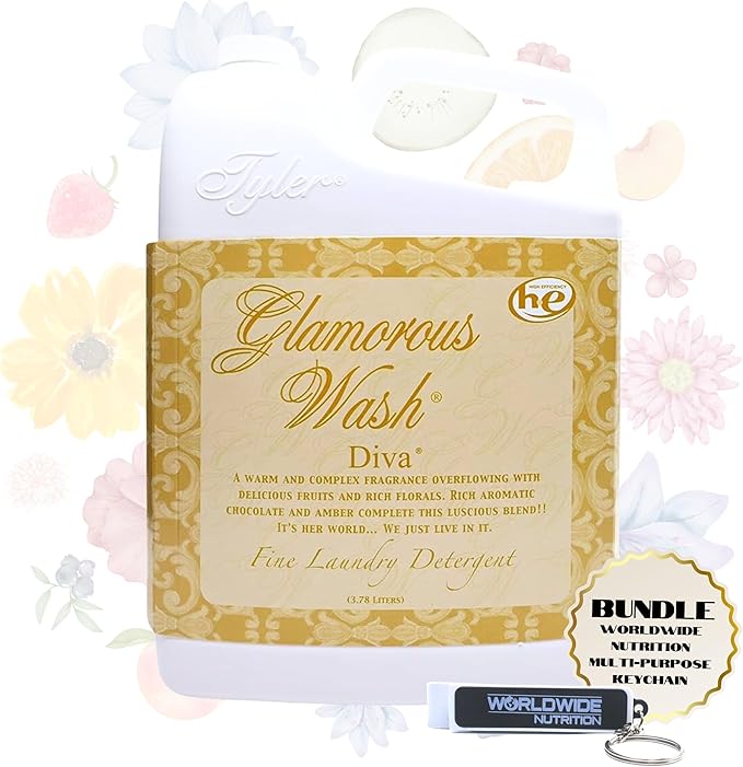 Worldwide Nutrition Bundle Compatible with Tyler Candle Company Glamorous Wash Diva Laundry Liquid Detergent - Hand and Machine Washable Diva Laundry Detergent - 3.78L (1Gallon) Detergent w/Keychain