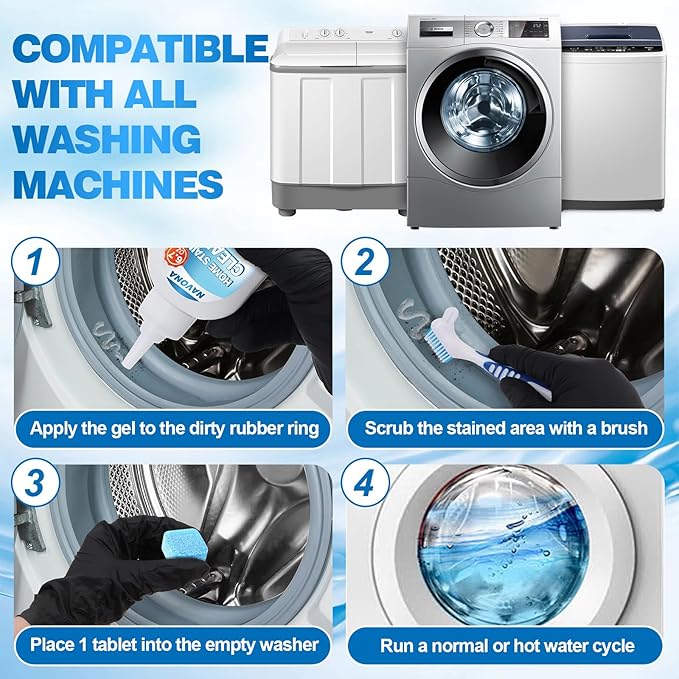 Navona 24 Pack Washing Machine Cleaner Tablets, Washer Cleaner Tablets Pro Set with Stain Remover Gel, Deep Cleaning for Odor, Limescale & Pet Hair, Works for Front Load & Top Load Washers