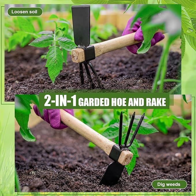 2 Pcs Garden Tools Hoe and Cultivator Garden Rake Bypass Pruning Shears 5/8-Inch Cut Capacity Clippers Gardening Scissors 2-In-1 Heavy Duty Gardening Hand Tools for Digging Weeding Cultivating