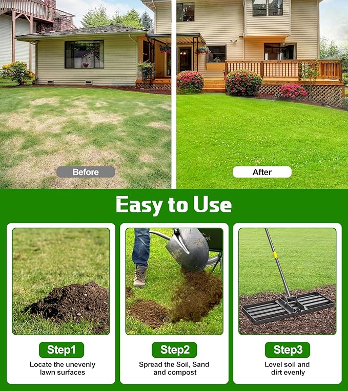 Lawn Leveling Rake 30x10 Inch , Heavy-Duty Yard Leveling Rake 6.2FT Leveler Tool for Soil, Sand & Topsoil, Backyard, Garden, Golf Course