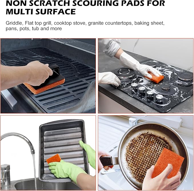 Griddle Cleaning Pads for Blackstone Flat Top, Non-Scratch Grill Scrub Pads, Bathroom Scrubbing Pads, Pool Scrub Brush, Shower Tile (5 Pads + Handle)