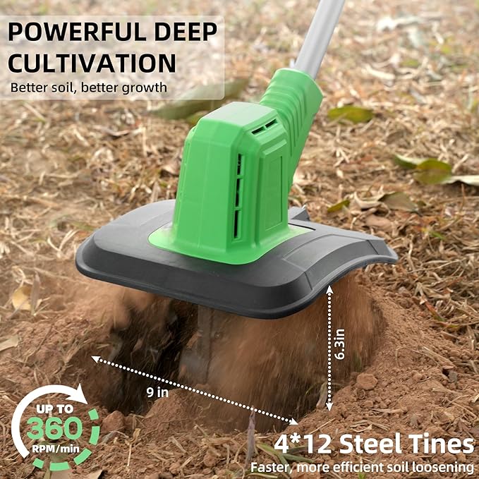 Cordless Tiller Cultivator, 360RPM Battery Powered Garden Cultivator, with 2 * 3.0Ah Batteries & Charger, 9In Tilling Width & 6In Depth Tiller for Gardening