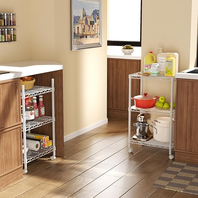 SINGAYE 3 Small Shelves Storage Shelf Wire Shelving Unit Metal Shelf Adjustable Organizers Storage Shelving with Wheels for Bathroom Laundry Room Kitchen Pantry11.5”D x 17.5”W x 30.5”H White