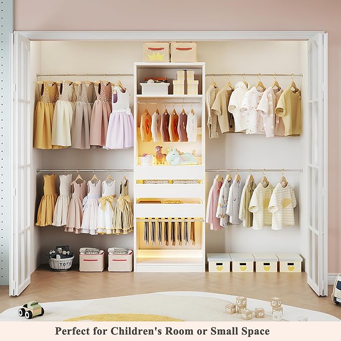 Closet System, 4-8FT Closet Organizer with 3 Wood Drawers & Glass Top, 102'' Walk in Closet with 5 Hang Rods & LED Lights & Trouser Rack, Built-in Wardrobe Clothes Rack with Shelves and Tower, White