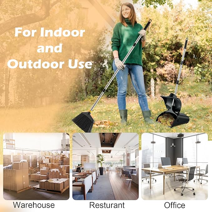 Outdoor Broom and Dustpan Set with Long Handle, Heavy Duty Upright Standing Dust Pan with Windbreak Cover and Broom Combo for Sweeping Indoor Outdoor Commercial Use
