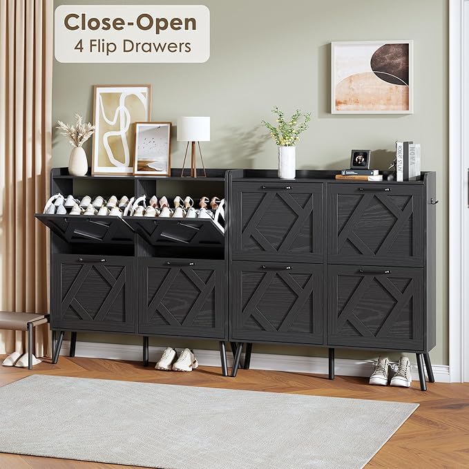 Nicetree Shoe Cabinet, Shoe Storage Cabinet for Entryway, Farmhouse Narrow Shoe Rack Cabinet with Metal Legs, Foyer, Hallway,4 Flip Drawers,Black