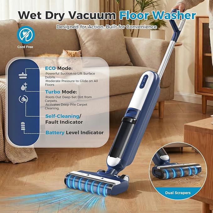 OLIXIS Wet Dry Vacuum Cleaner, Cordless All-in-One Vac Mops, Vacuum Mop with Self-Cleaning System, Dual Water Tank Design, Tangle-Free Brush, Dual-Edge Cleaning, 35-Min Runtime