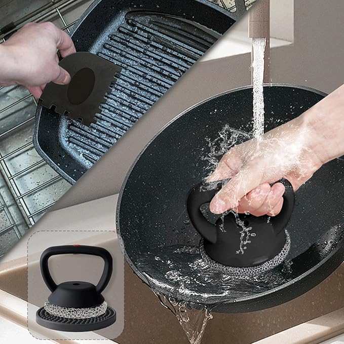 MEIXINZHI Cast Iron Cleaner, Chain Mail Scrubber & Pan Grill Scrapers - 2 in 1 Cast Iron Skillet Cleaner (Black, Without mat)