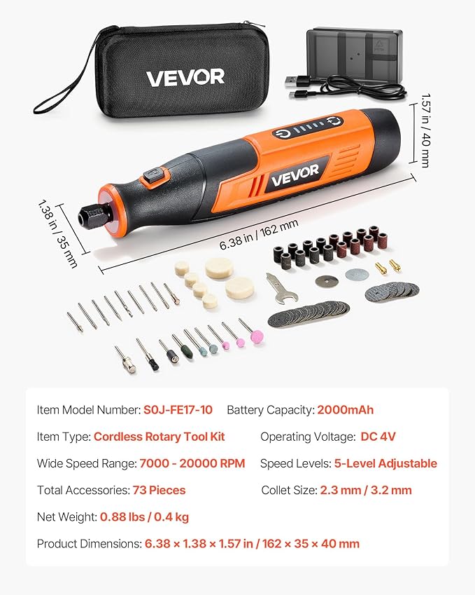 VEVOR 73-Piece Cordless Rotary Tool Kit, DC4V Portable Mini Power Rotary Tool, 5-Level Speed 7000-20000 RPM Multi-Purpose DIY Tools for Engraving, Sanding, Polishing, Carving, Cutting, DIY Crafts