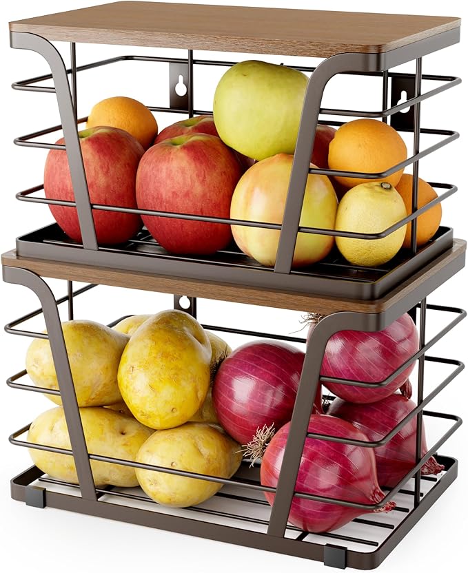 Extra Large 2 Pack Potato and Onion Storage Bins,Stackable Storage Pantry Organizers, Kitchen Storage Bins for Potato and Onion, Wall Mount Trash Bag Holder with Bamboo Top, Brown