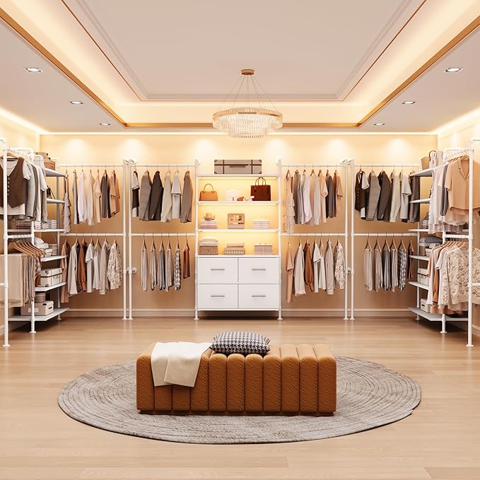 T3 Closet System with Stepless Dimmable LED Light, Industrial Pipe Clothing Rack with 4 Drawers, 6 Wooden Shelves & 4 Telescopic Rods, Heavy Duty Closet Organizers in Wardrobe Closet (White)