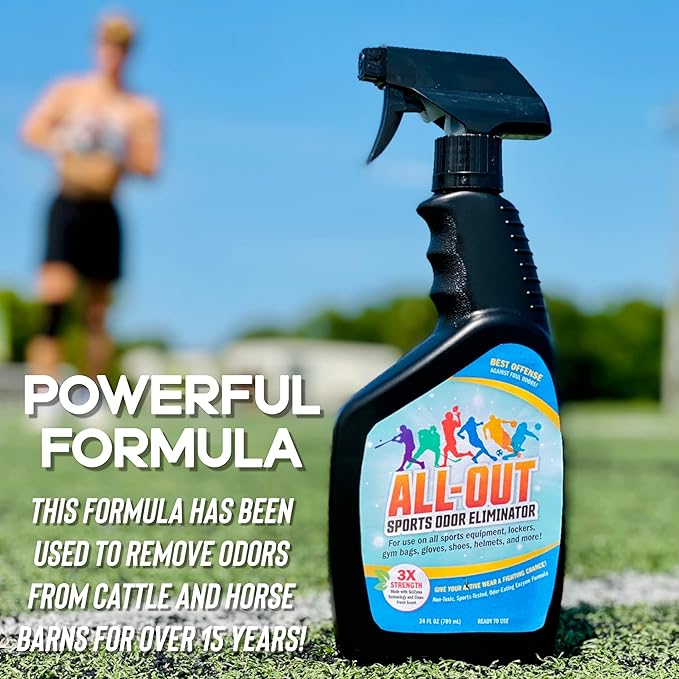 All-Out Sports Odor Eliminator Spray & Deodorizer | Perfect for Smelly Gloves, Hat, Bags, Helmets, Jerseys, Pads, Gear, Shoe & All Other Odors.| Best Formula | 24 oz Spray Bottle (AO503) | Fresh Scent