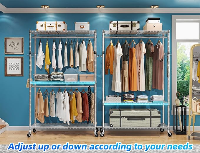 Simple Trending Clothing Garment Rack with 3 Tiers Storage Shelves, Heavy Duty Rolling Clothes Organizer Double Rods with Wheels for Hanging Clothes, Chrome