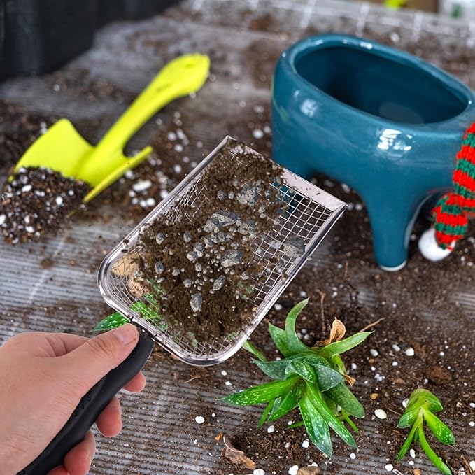 2pcs Gardening Soil Sifter, 5 & 2.8mm Garden Sand Compost Sieves Dirt Rocks Scoop Shovels with Ergonomic Handle Planting Tool Accessories Supplies