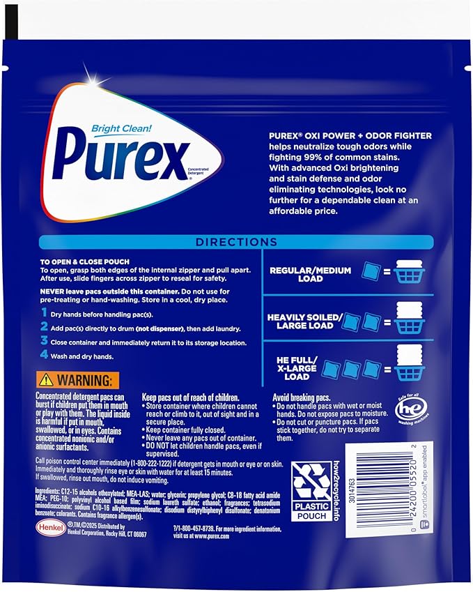 Purex Advanced Oxi with Odor Fighter Laundry Detergent Pacs, Oxi Power, 56 count, Pre Measured Pacs