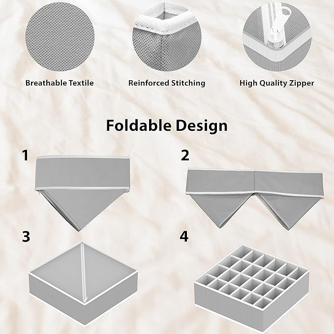 Simple Houseware 4-Pack Drawer Organizer Set - Closet Dividers for Underwear, Socks, Bras, Scarves, Ties - Foldable Non-Woven Storage Boxes, Gray