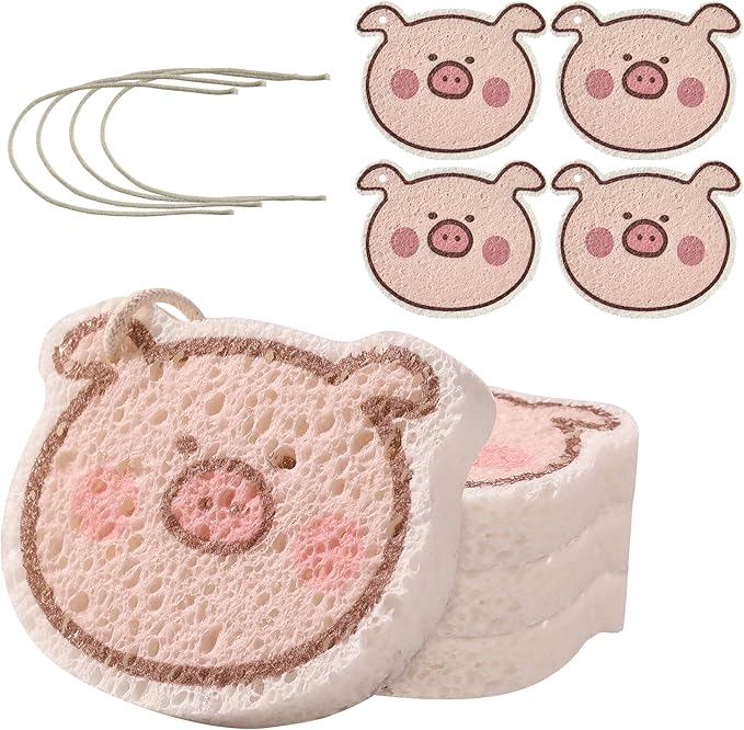 JOYMOOP Kitchen Sponge for Washing Dishes, 4 Pack Cartoon Cellulose Sponges for Cleaning, Reusable Non-Scratch Sponges for Household, Car Interior and Pet Supplies - Piggy Pattern