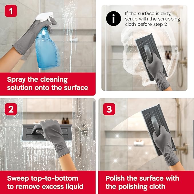 Tyroler Silicone Shower Squeegee for Glass Doors - 10" | 2 Microfiber Scrub & Polish Cloths | Multi-Surface Wiper | Perfect Window Squeegee for Home | Squeegee for Shower Glass | Shower Door Squeegee