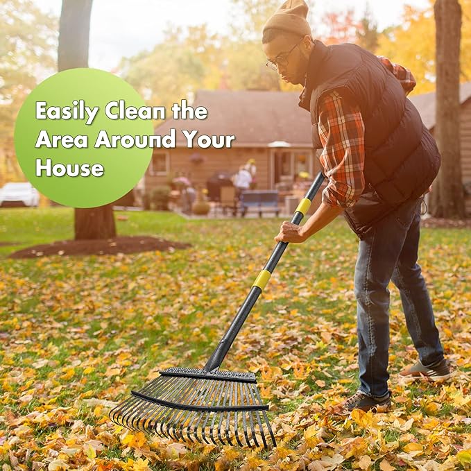 INFLATION Heavy Duty Garden Rake for Leaves for Lawns 65” Length 18” Width Adjustable 25 Tines Sturdy Metal Yard Gardening Leaf Rakes for Women Men with Smooth Comfortable Long Handle