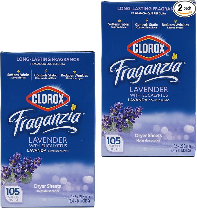 Clorox Fraganzia Fabric Softener Dryer Sheets, Wrinkle Reducing and Anti Static Laundry Dryer Sheets for Great Smelling Clothes, Softens Fabrics, Lavender with Eucalyptus Scent, 105 Count - 2 Pack