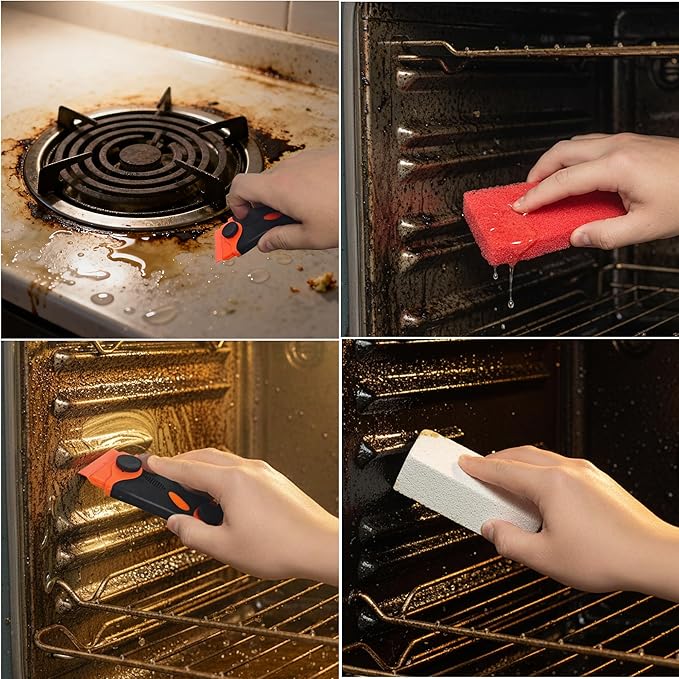 Heavy Duty Oven Cleaner Tools Kit | Professional Oven Cleaning Accessories with Crevice Brush, Razor Scraper & Pumice Stone | Deep Clean Electric Ovens&Stovetops for Home Kitchen Maintenance