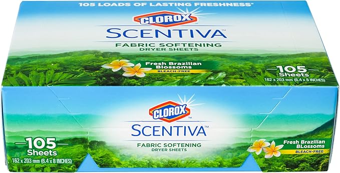 Clorox Scentiva Fabric Softening Dryer Sheets - Fabric Sheets in Fresh Brazilian Blossoms Scent - Laundry Dryer Sheets for Fresh & Clean Clothes - Fabric Softener Sheets, Dryer Sheet, 105 Count