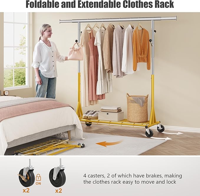Gewudraw Rolling Clothes Rack Load 530lbs,Heavy Duty Garment Rack With Sturdy Wheel And Shelves, Adjustable Portable Hanging Rack For Clothes, Gold