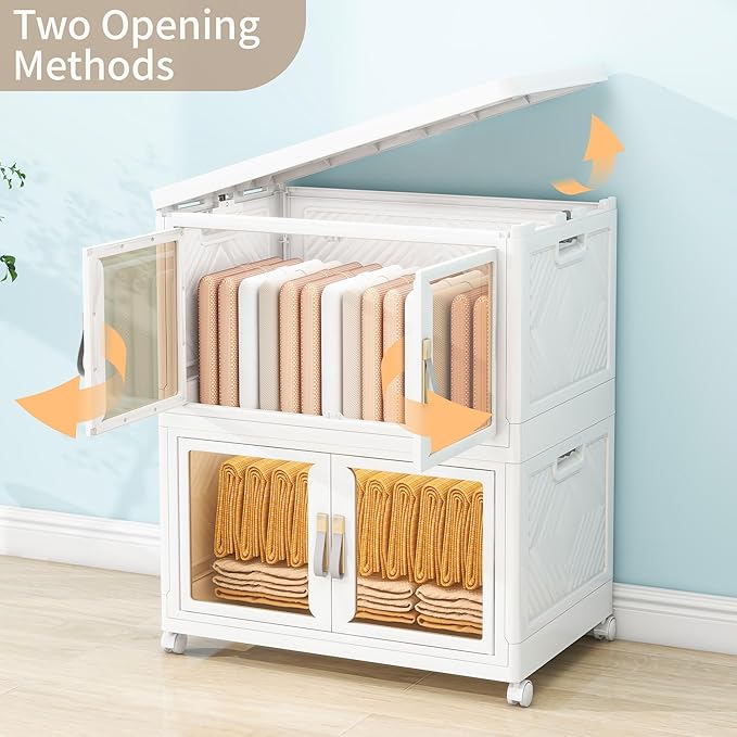 Large Stackable Storage Bins with Lids, 220QT-110QT*2Tier Foldable Cabinet for Closet Organizers, Plastic Storage Containers Box with Wheels