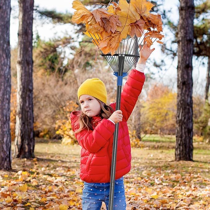 Adjustable Metal Leaf Rake Long Handle, 48 inch Garden Rakes for Lawns Heavy Duty Leaves with Expandable Head 8-17", Yard Women Kids Rake for Gardening RV Camping