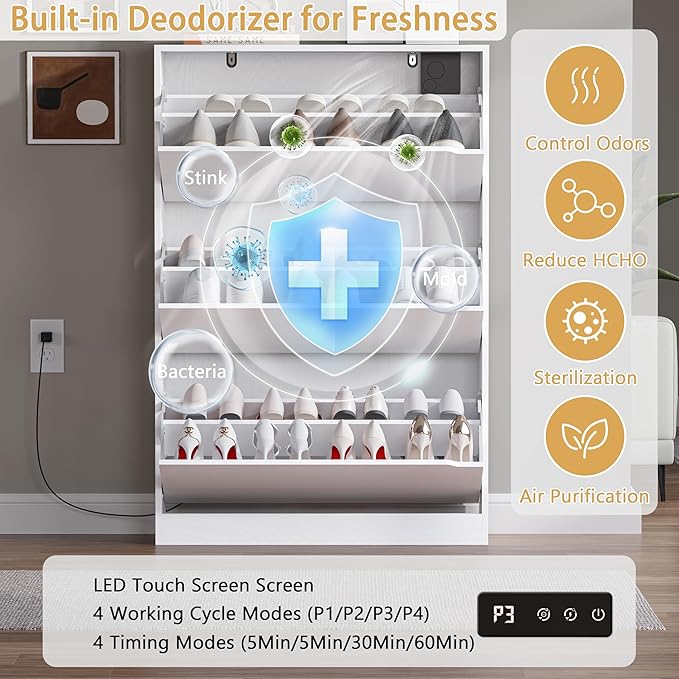 BORNOON Shoe Cabinet with Odor Control and Back Panels, Deodorizing Slim 3-Flip Shoe Storage Cabinet for Entryway, Freestanding Hidden Shoe Rack Organizer for Entrance, Hallway, Bedroom