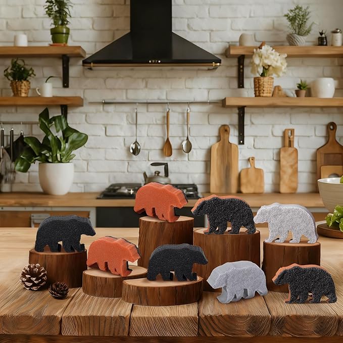 Tioncy 12 Pack Rustic Bear Kitchen Sponges Bulk 4 Colors Cute Dual Sided Scrubber Brown Black Bear Sponges Reuseble Dishwashing Kitchen Cleaning Accessories for Cookware Pot Boiler Pan Household