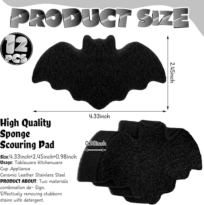 Tioncy 12 Pack Bat Sponges Kitchen Bulk Dual Sided Scrubber Gothic Sponges Dishwashing Non Scratch Bat Kitchen Accessories Dish Scouring, Black