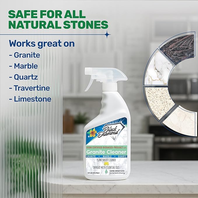 Black Diamond Stoneworks Granite Counter Cleaner: USDA Certified BIOBASED- Safe for Granite and other stone countertops. Safe for food contact formula to keep your countertops looking fresh and clean!