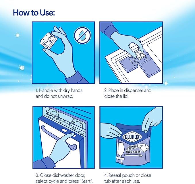 Clorox Ultra+ Dishwasher Detergent Pacs, 60 Count, Stain Fighting, No Prewash Needed, Removes Burnt-on Food, Crisp Fresh Scent Pods - Packaging May Vary