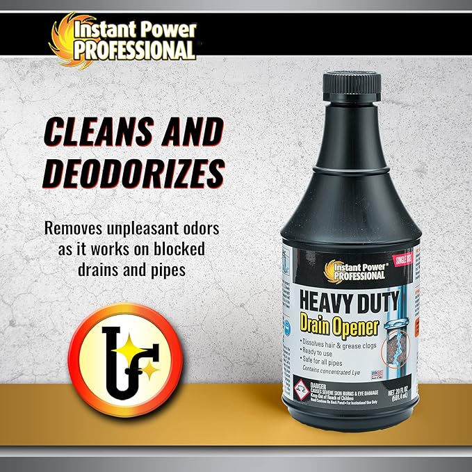 Instant Power Professional Heavy Duty Drain Opener – Sink Drain Cleaner Clog Remover, Drain Defense for Sinks, Made in USA, Shower Drain Cleaner and Deodorizer – 20 Fl Oz
