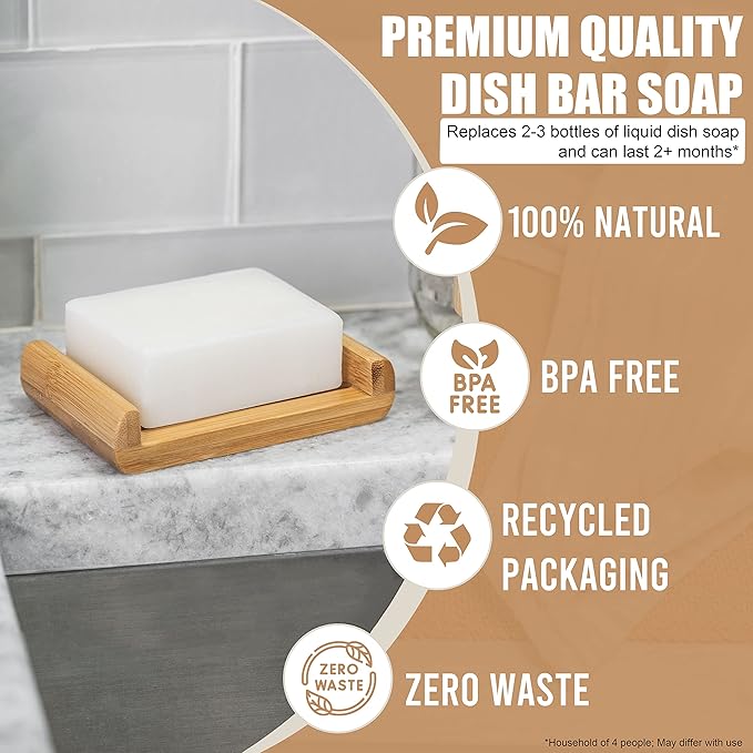 Dish Soap Bar with Bamboo Soap Dish Tray – Solid Dish Soap Block, Eco Friendly Non Toxic Plant Based Dishwashing Soap, Fragrance Free, Zero Waste, Biodegradable Kitchen Soap (5.64 oz)