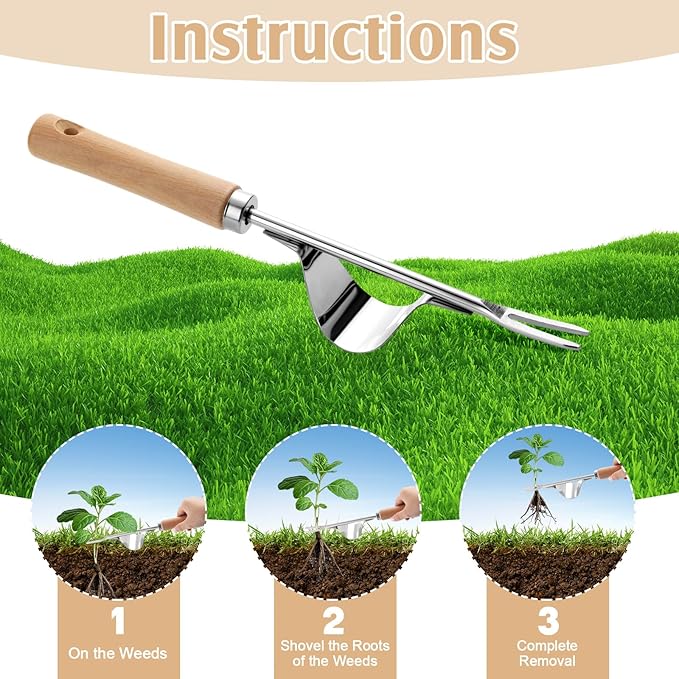 2 Pcs Hand Weeder Puller Tool for Garden Stainless Steel Two Pronged Fork Manual Weed Remove Dig Tool for Lawn Yard Farmland Cultivating Transplant Plant Flower Weeds(Straight Line Style)