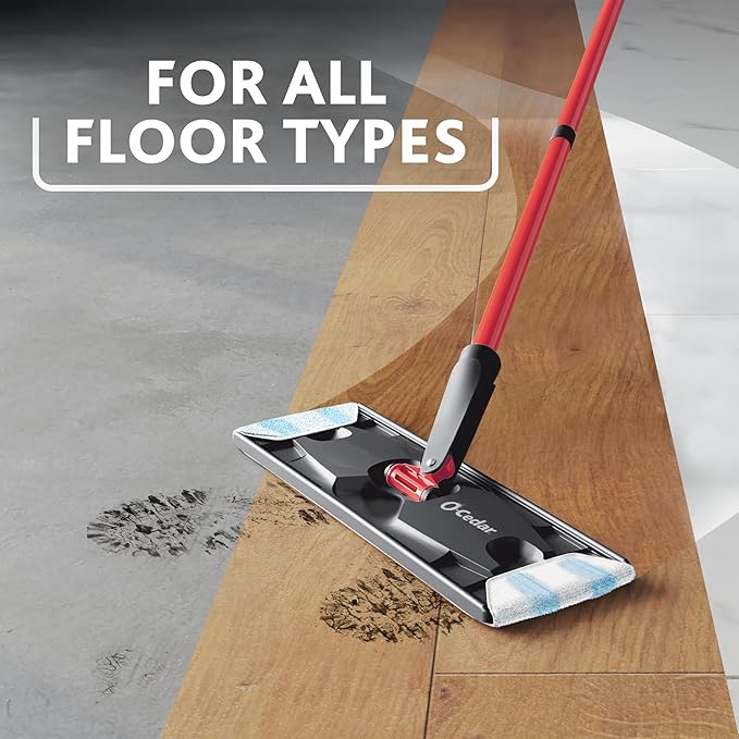 O-Cedar H2prO Flat Mop System | Quick Cleaning Tool | Clean with Water | Machine Washable Reusable Microfiber Mop Pad | Safe on Wood Floors, Vinyl, Tile, Baseboards, Walls