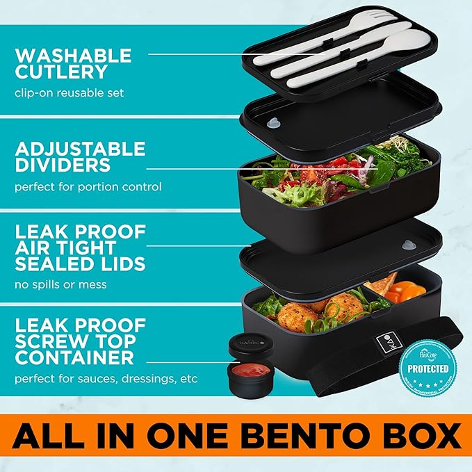 KARRICO Double Premium Bento Box Adult, 67 fl oz BPA-Free - Black Stackable Lunch Box with Leak-Proof Lids & Dividers, Perfect for Meal Prep, Lunches & Portion Control
