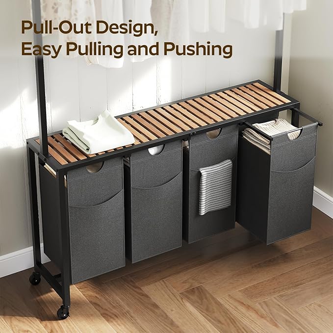 YATINEY Laundry Sorter 4 Section, Rolling Laundry Hamper with Hanging Rack, Laundry Sorter with Wheels, Hampers for Laundry, Laundry Basket Organizer for Laundry Room, Rustic Brown LS47BR