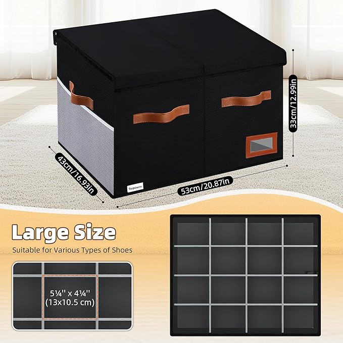 Supowin Shoe Organizer for Closet, Foldable Shoe Storage Bins with Lid & Adjustable Dividers, Fabric Shoe Box Storage Containers with Four Reinforced Handles, Fits 16 Pairs, 1 Pack, Black
