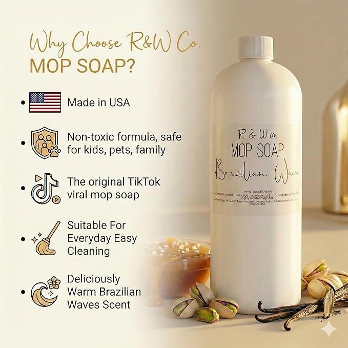 R&W CO. Original 32 oz Premium Mop Soap Brazilian Waves Scented, Gentle Floor Cleaner for all Surfaces, Non-Toxic, Pet and Skin Safe Formula, Streak-Free Shine