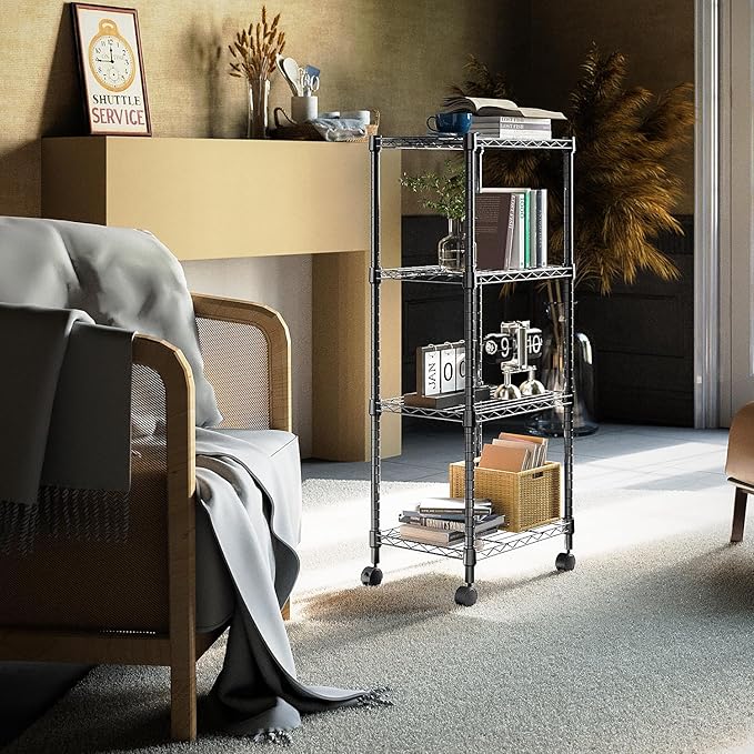 M MZG 4-Shelf Adjustable Heavy Duty Steel Wire Rack, Adjustable Storage Shelving Unit with Wheel for Kitchen, Garage, Laundry Black 11.8" D x 17.7" W x 40.8" H