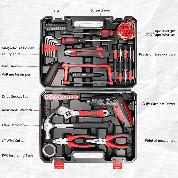 43 in 1 Household Tool Set with 3.6V USB Cordless Electric Screwdriver,Home Tool Kit with Cordless Drill Driver(Red)