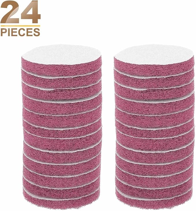 HARFINGTON 24pcs Scrubber Scouring Pads 500 Grits 3 Inch Drill Power Brush Hoop and Loop Surface Conditioning Disc Drill Scuffing Disc Scrub Pads for Home Kitchen Cleaning, Red