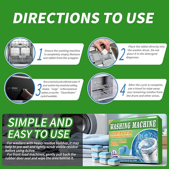 Washing Machine Cleaner Tablets 12 Pack - Deep Cleaning Tablets for HE Front & Top Load Washers, Septic Safe, Eco-Friendly, Removes Residue & Odors
