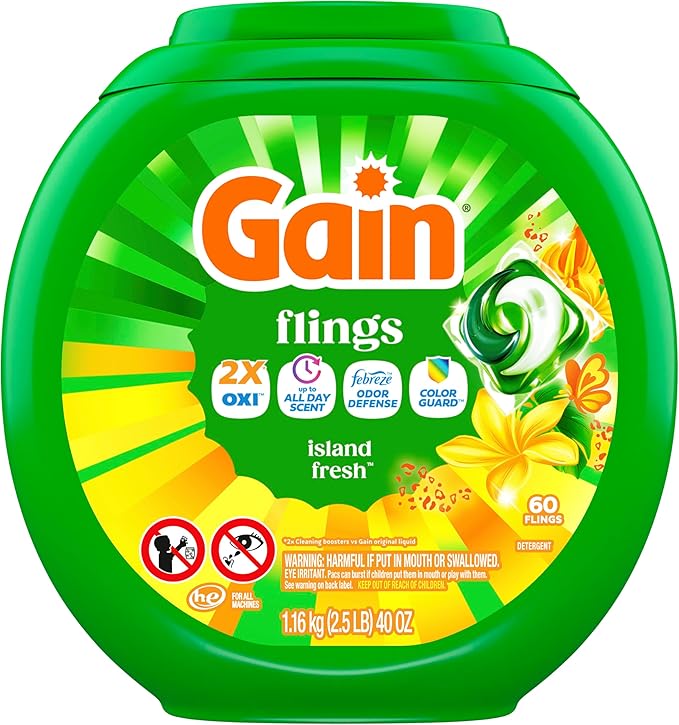 Gain Flings Laundry Detergent Pacs, 60 Count, Island Fresh Scent, with Odor Defense, concentrated laundry soap pacs
