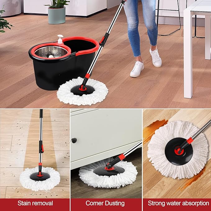 Spin Mop and Bucket with Wringer Set, 360° Spinning Mop Bucket System with 3 Microfiber Mop Replacement Heads, Adjustable Handle for Floor Cleaning (Black)