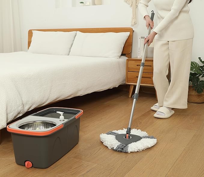 Spin Mop and Detachable Bucket Set with 5 Reusable Microfiber mop Head Dual-Chamber Water System Spining Mop Floor Cleaning Kit for Hardwood Tile Laminate Floors (Gray)